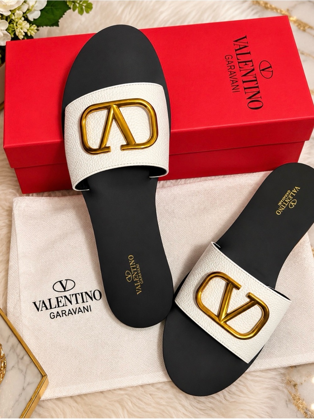 Valentino Garavani White & Black Slide Sandals with Gold V Logo